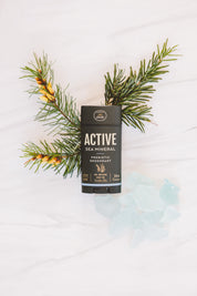 Active prebiotic deodorant stick featuring a sea mineral blend styled with pine & frosted glass pieces.
